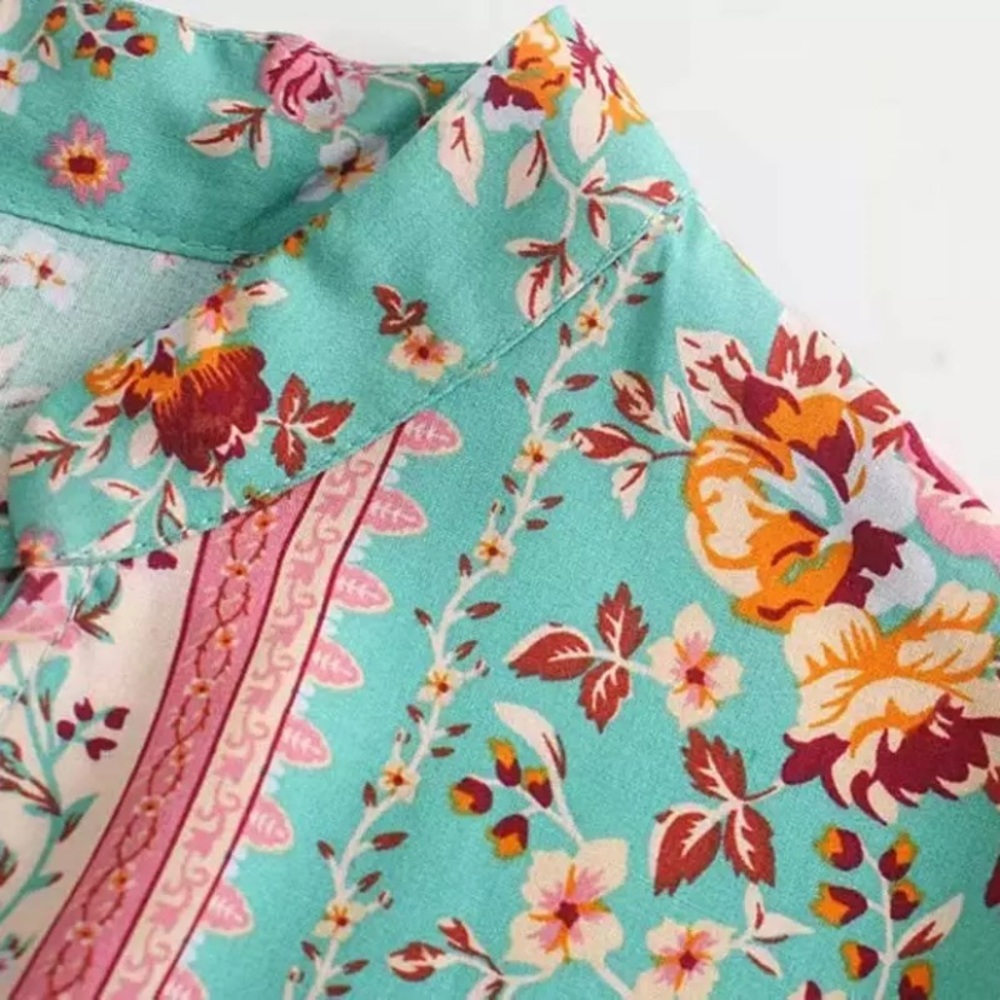 Turquoise Floral Bohemian Gypsy Button Blouse - Picture 4 of 7